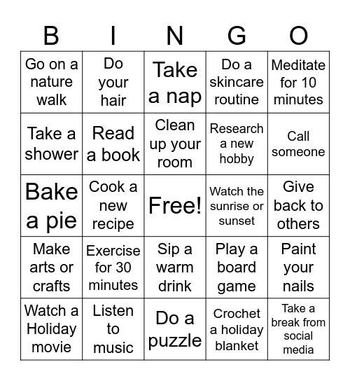 Thanksgiving Self-Care Bingo Card