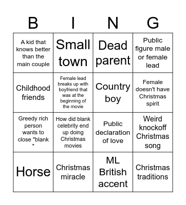 Cheesy Christmas movie Bingo Card