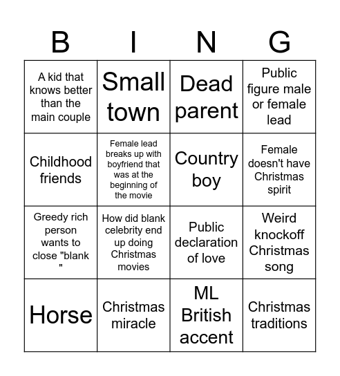 Cheesy Christmas movie Bingo Card