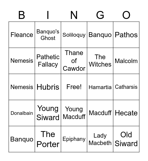 Macbeth Bingo Card