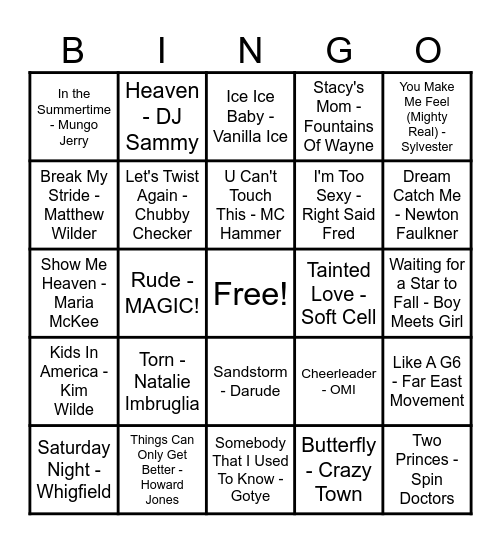One Hit Wonders Bingo Card
