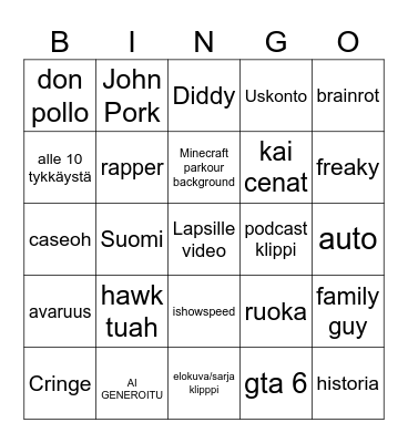 YouTube shorts Bingo Card