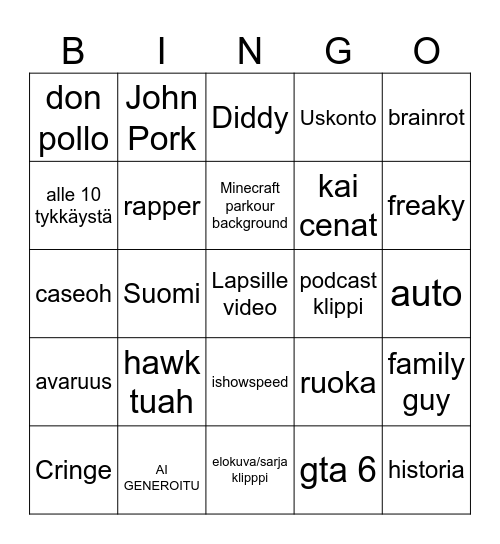YouTube shorts Bingo Card