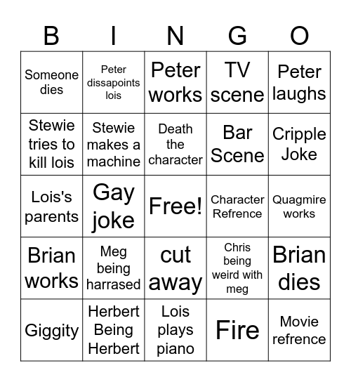 Family guy bingo Card