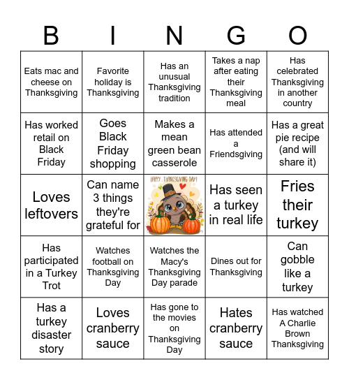 Virtual Thanksgiving Bingo Card