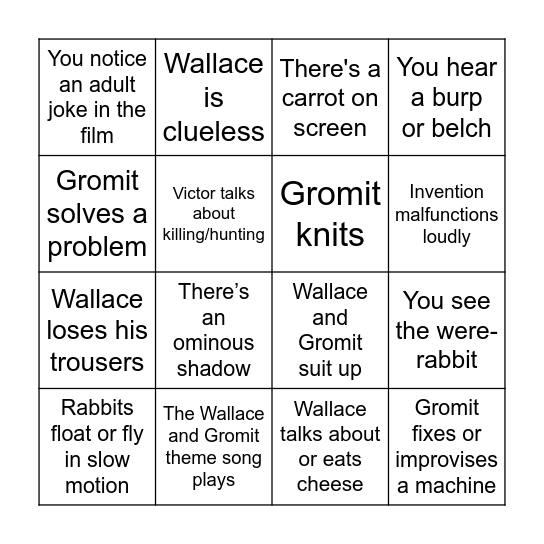 Wallace and gromit bingo! Bingo Card