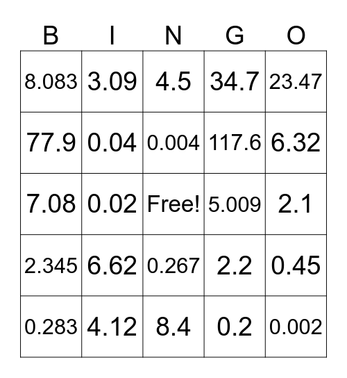 Decimal Bingo Card