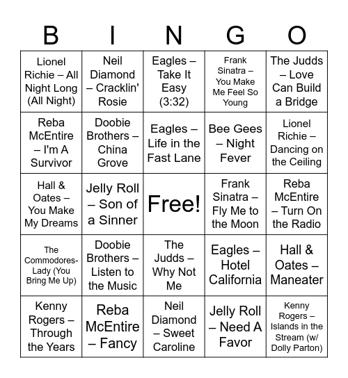 Party Playlist Bingo Card