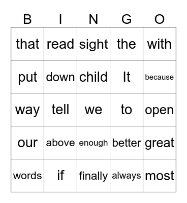 Lanakila Sight Words BINGO Card