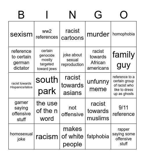 offensive meme complitation Bingo Card