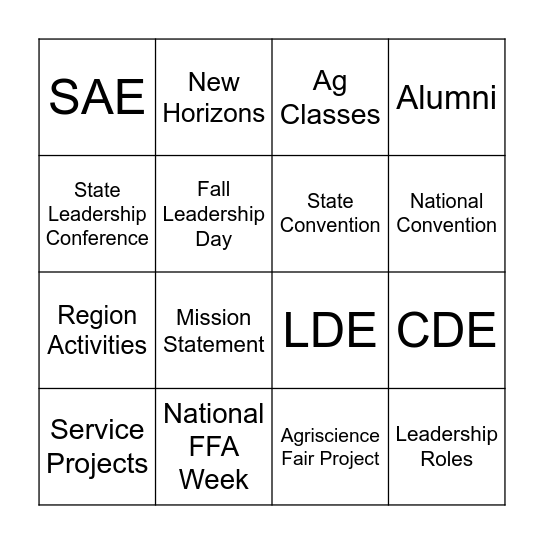 Opportunities of FFA Bingo Card