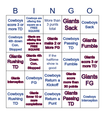 Cowboys vs Giants Thanksgiving Bingo Card