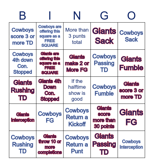 Cowboys vs Giants Thanksgiving Bingo Card