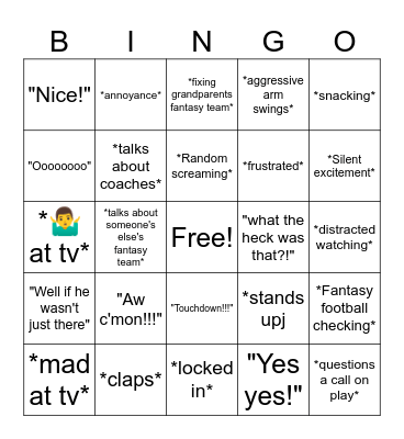 Dad Football Game Bingo Card