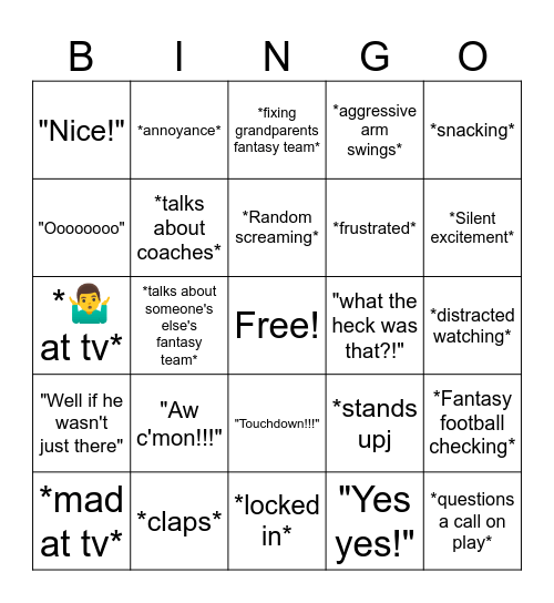 Dad Football Game Bingo Card