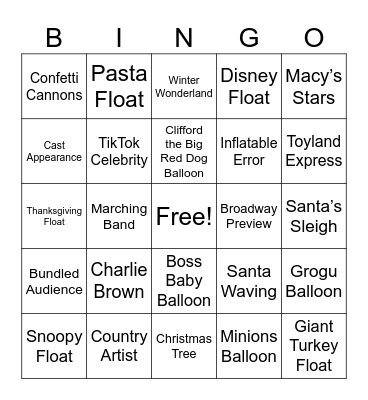 2024 Thanksgiving Parade Bingo Card