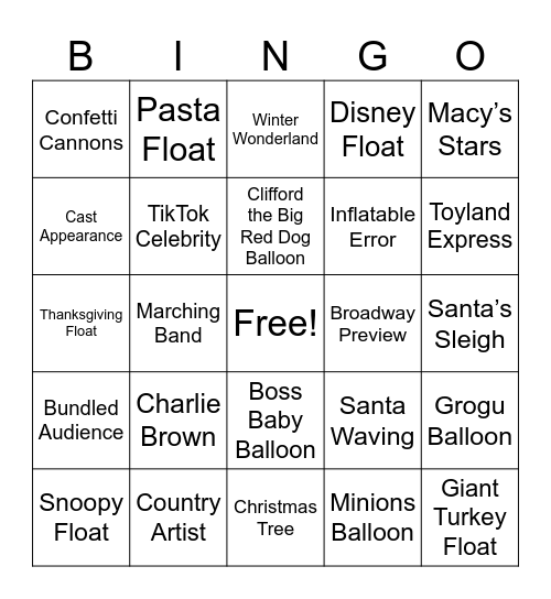 2024 Thanksgiving Parade Bingo Card