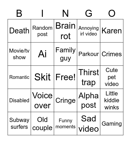 Instagram Bingo Card