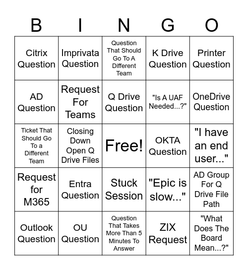 Servers Bingo Card Bingo Card