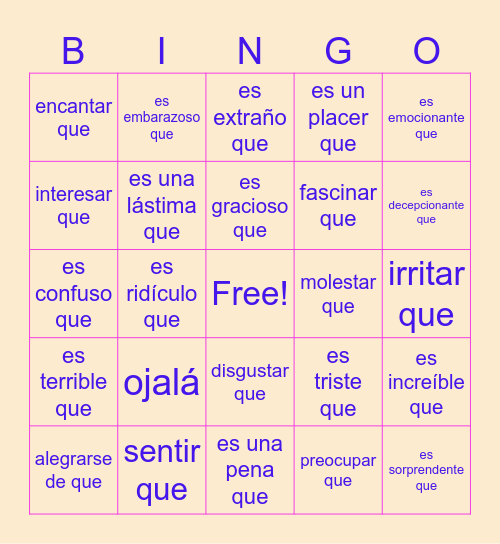 Expressing emotion and personal reactions Bingo Card