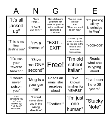 Favorite Angie Sayings Bingo Card