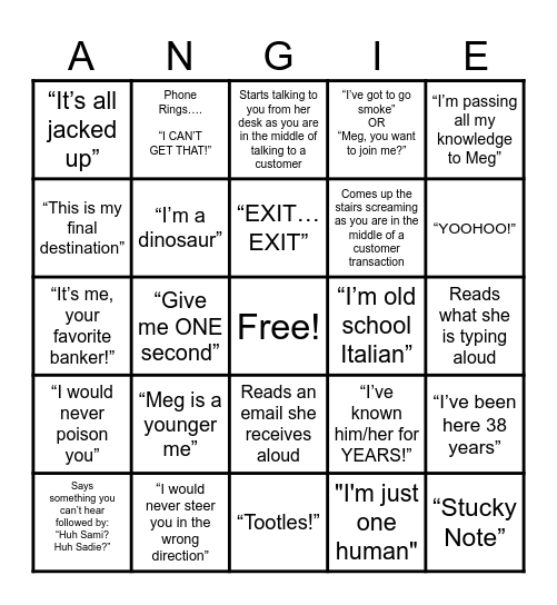 Favorite Angie Sayings Bingo Card