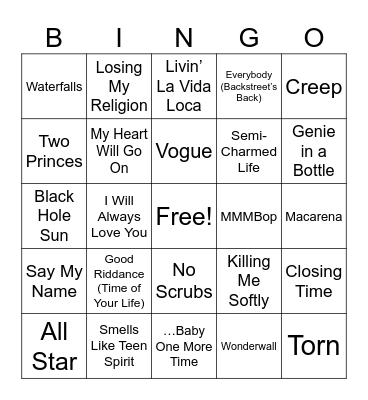 2000s Pop and Rock Bingo Card