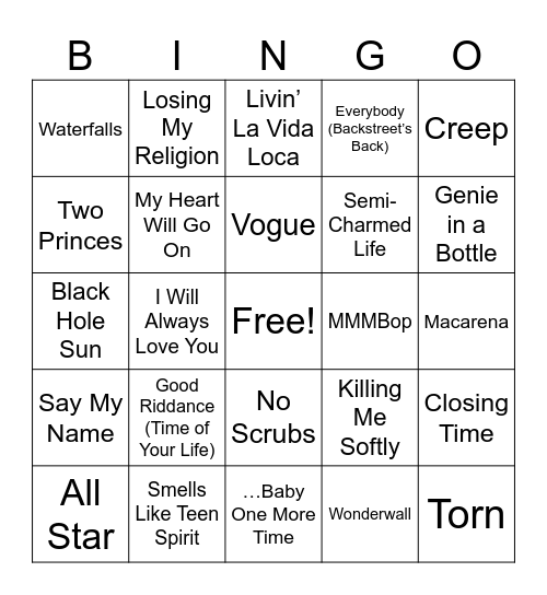 2000s Pop and Rock Bingo Card
