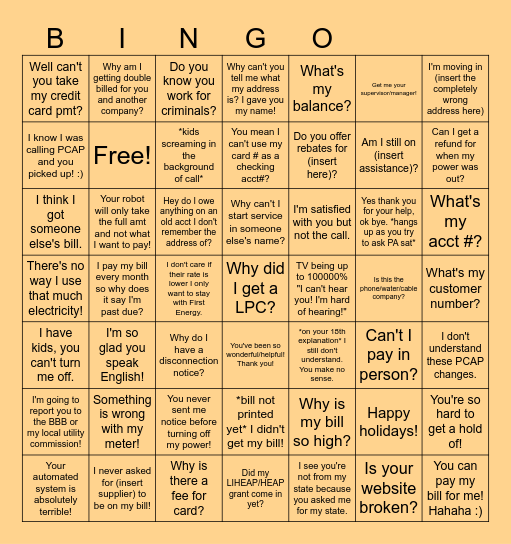 Slow Call Day Bingo Card