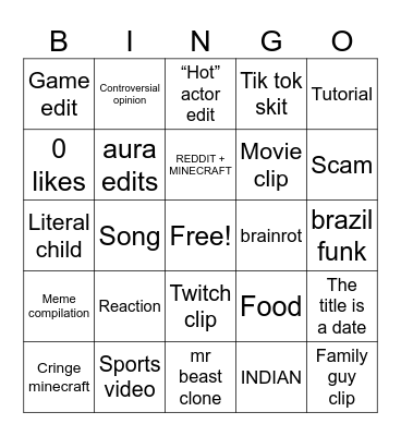 YouTube shorts Bingo Card