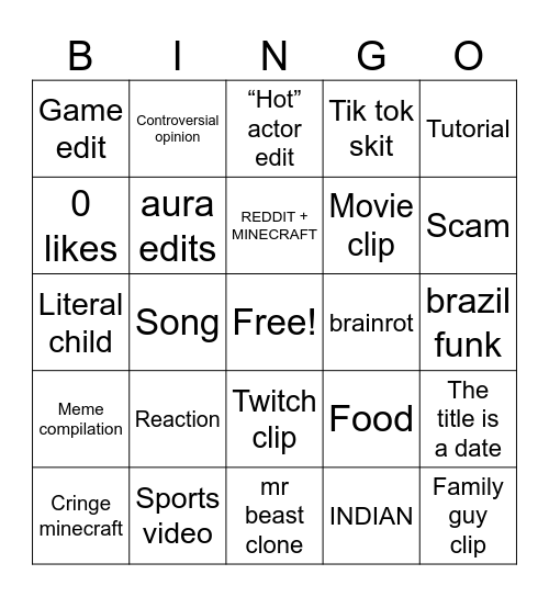 YouTube shorts Bingo Card