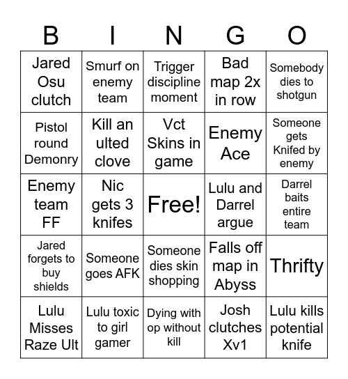Valorant Bingo Card