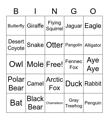 Animal Environmental Traits Bingo Card