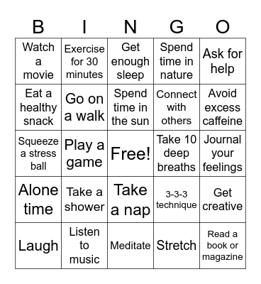 Stress Reduction Bingo Card