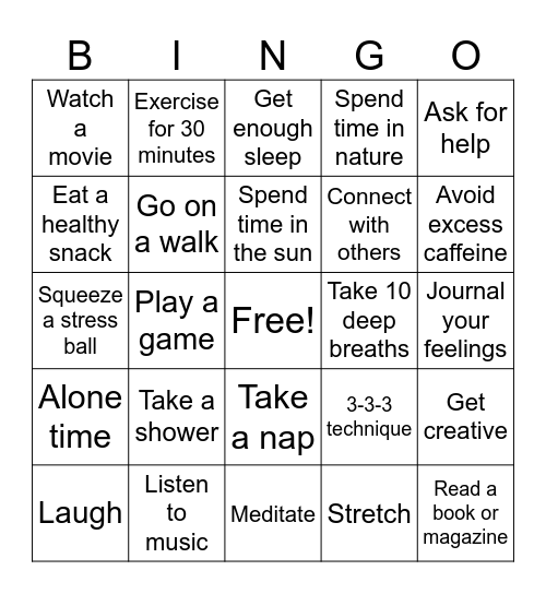 Stress Reduction Bingo Card