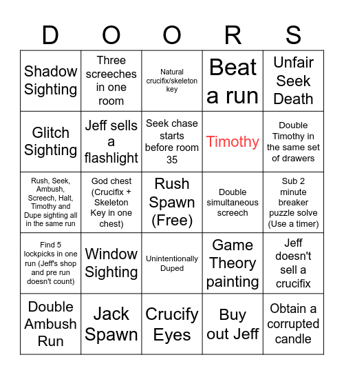 Doors Floor 1 Bingo Card