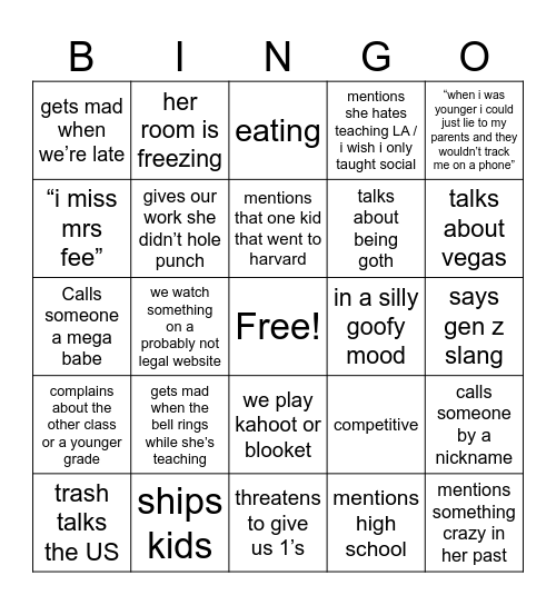 Mrs Roy Bingo Card