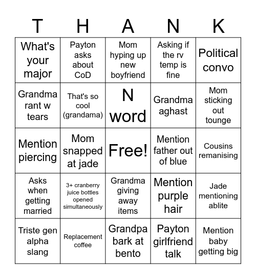 Thanksgiving Bingo Card