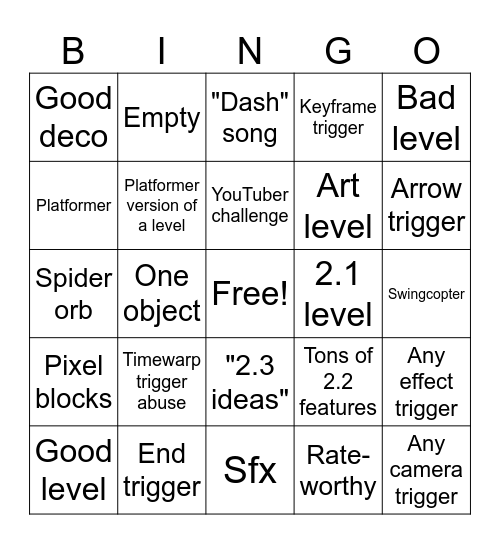 Geometry Dash 2.2 Recent Tab Bingo Card