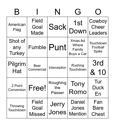 Thanksgiving Football Bingo Card