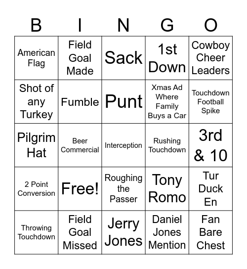 Thanksgiving Football Bingo Card