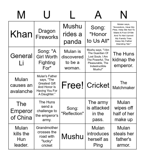 Mulan Bingo Card