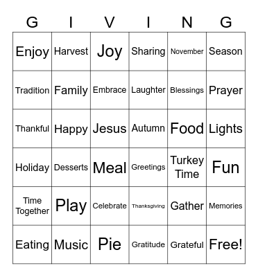Happy Thanksgiving! Bingo Card