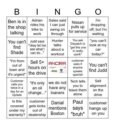 Service Advisor Bingo Card