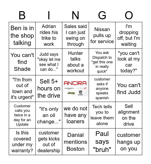 Service Advisor Bingo Card