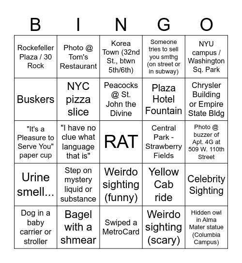 Nola's NYC Bingo Card Bingo Card