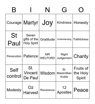 Year 8 RE Bingo Card