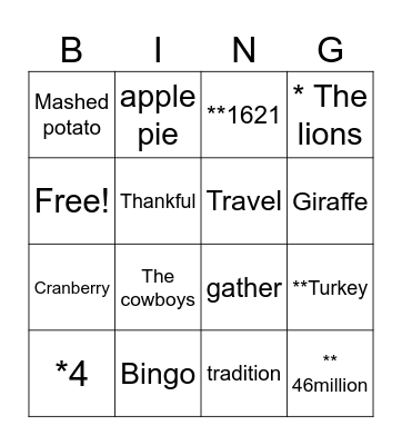 Thankful Trivia Bingo Card