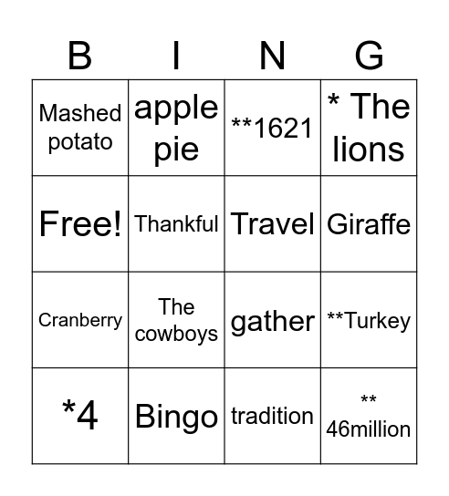 Thankful Trivia Bingo Card