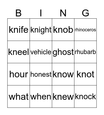 Silent k and h Bingo Card